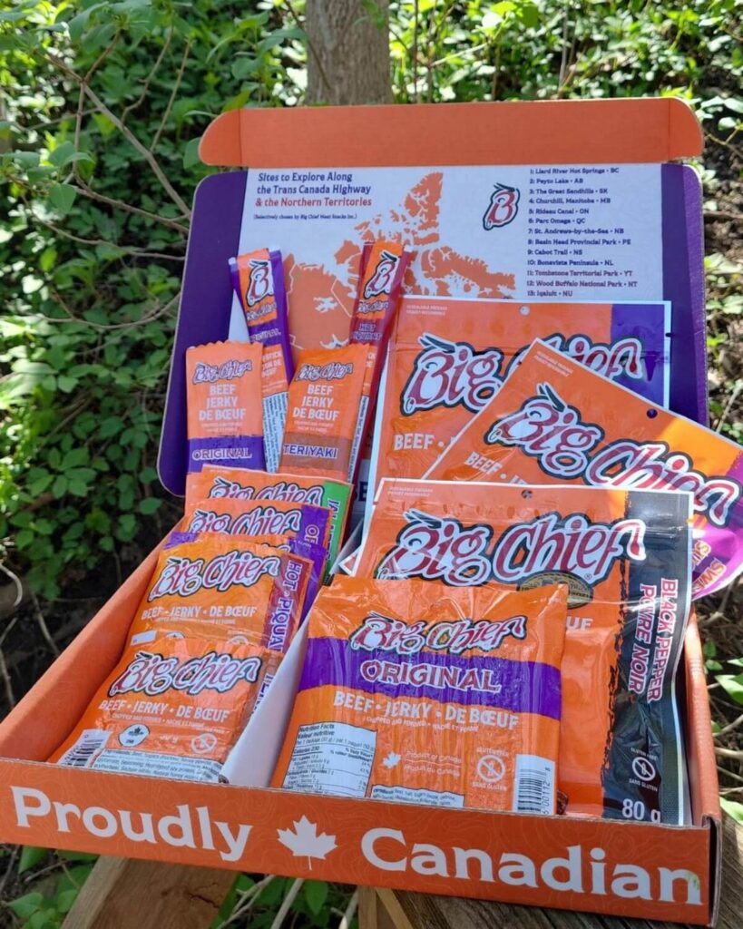 An image showing the Big Chief Meat Snacks Road Trip Box with product inside. I designed everything in the image. Image from Big Chief's Instagram.