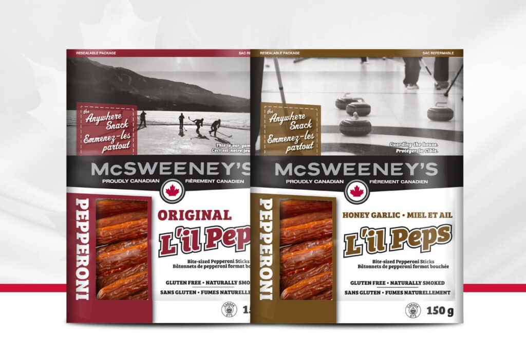 An image showing the McSweeney's package design system on the 150g Lil Peps Pepperoni category