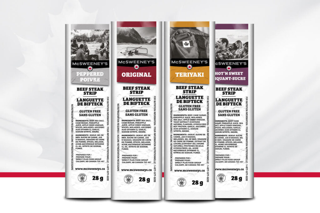 An image showing the McSweeney's package design system on the 28g steak strip category