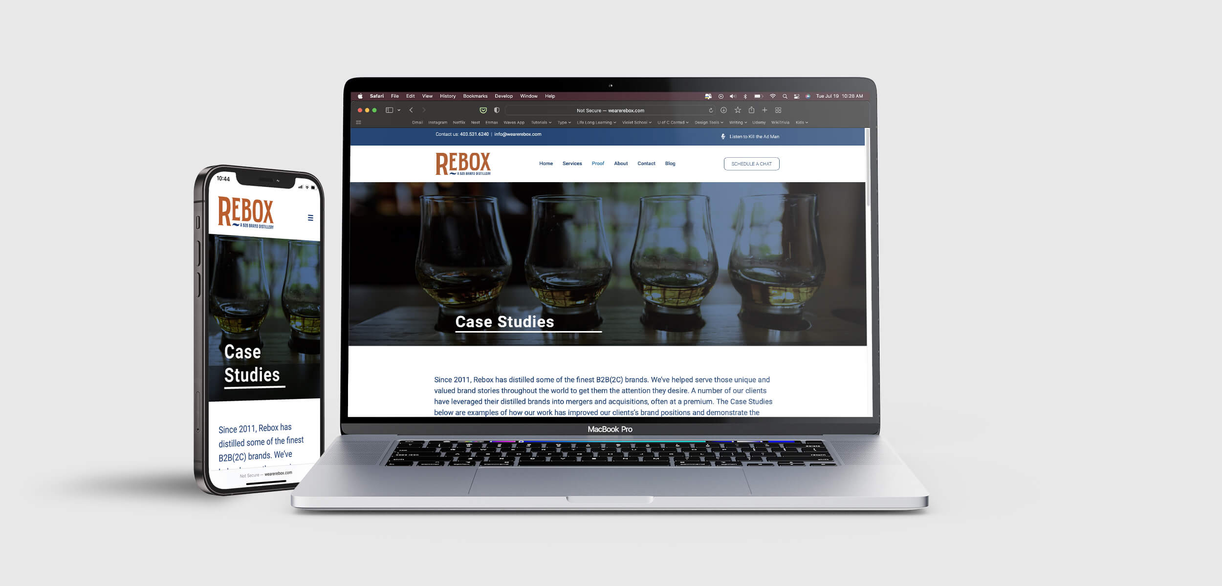 A website mockup on a MacBook Pro and iPhone 12 of the Rebox - A B2B Brand Distillery Case Study page