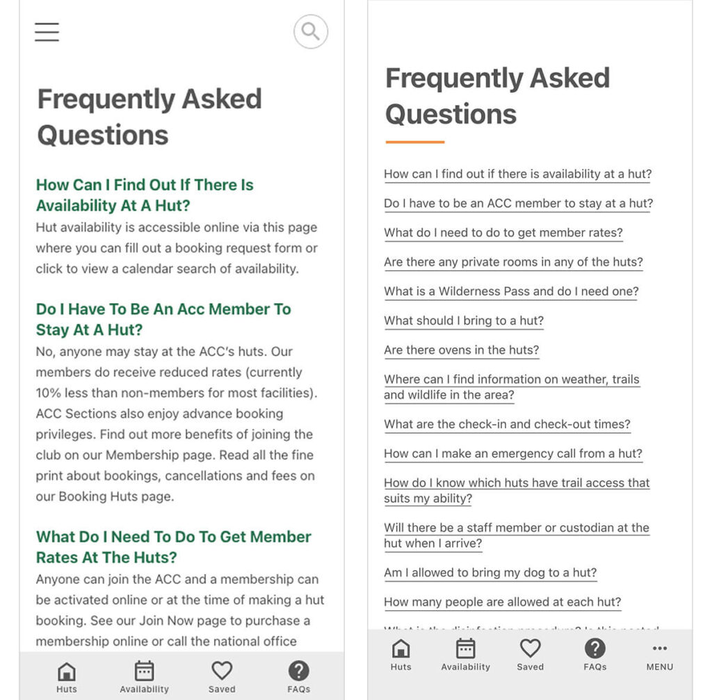 An image showing the differences in the FAQ screen after the first usability testing