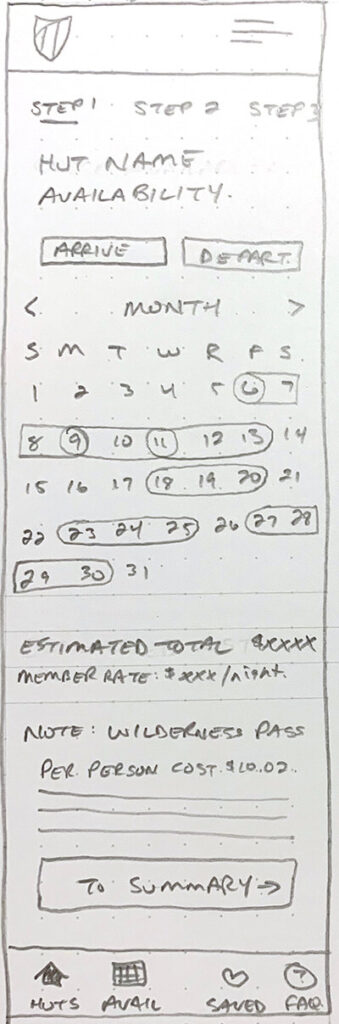 An image showing the sketch of a proposed hut availability calendar screen for the app