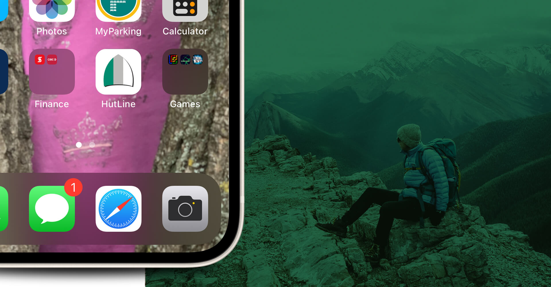 Hero image of the HutLine App icon on an iPhone screen with mountain background