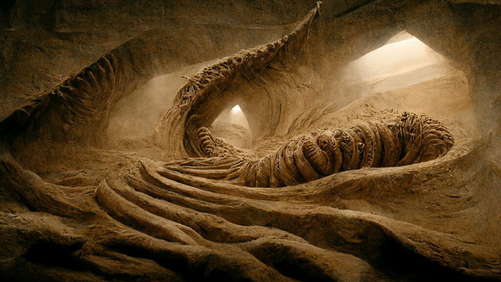 MidJourney AI-generated art of a Dune sandworm bas relief sculpture