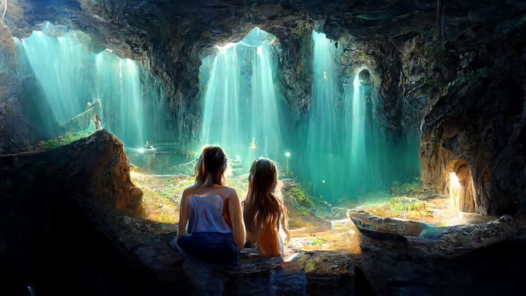 MidJourney AI-generated art of a concept of two sisters overlooking an underground cavern town