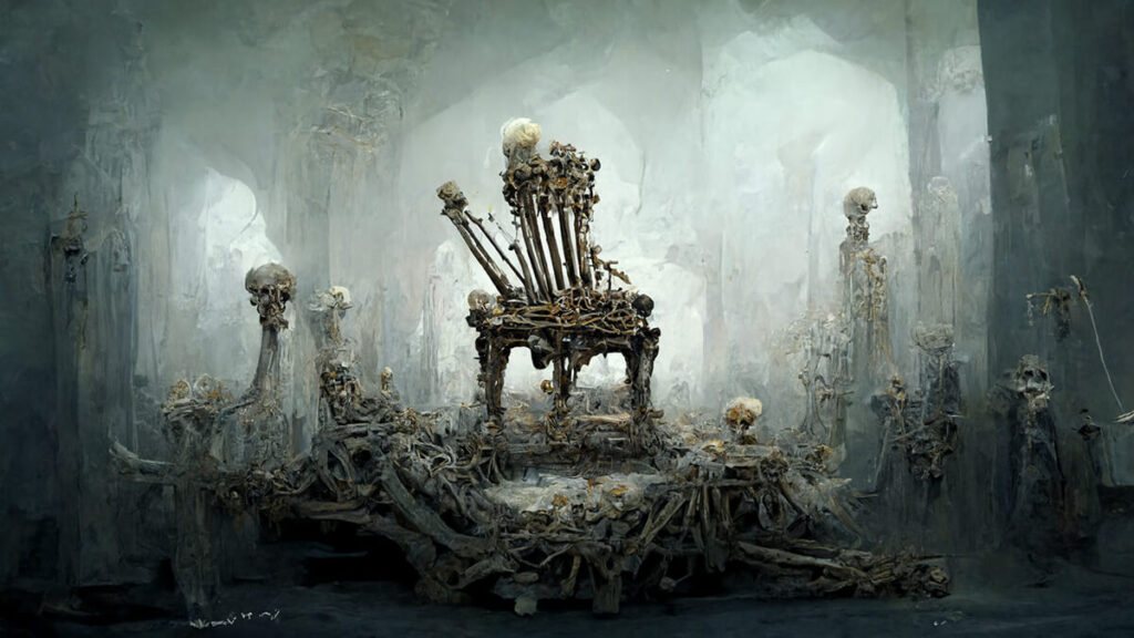 MidJourney AI-generated art of a concept of the broken man's throne made of bones