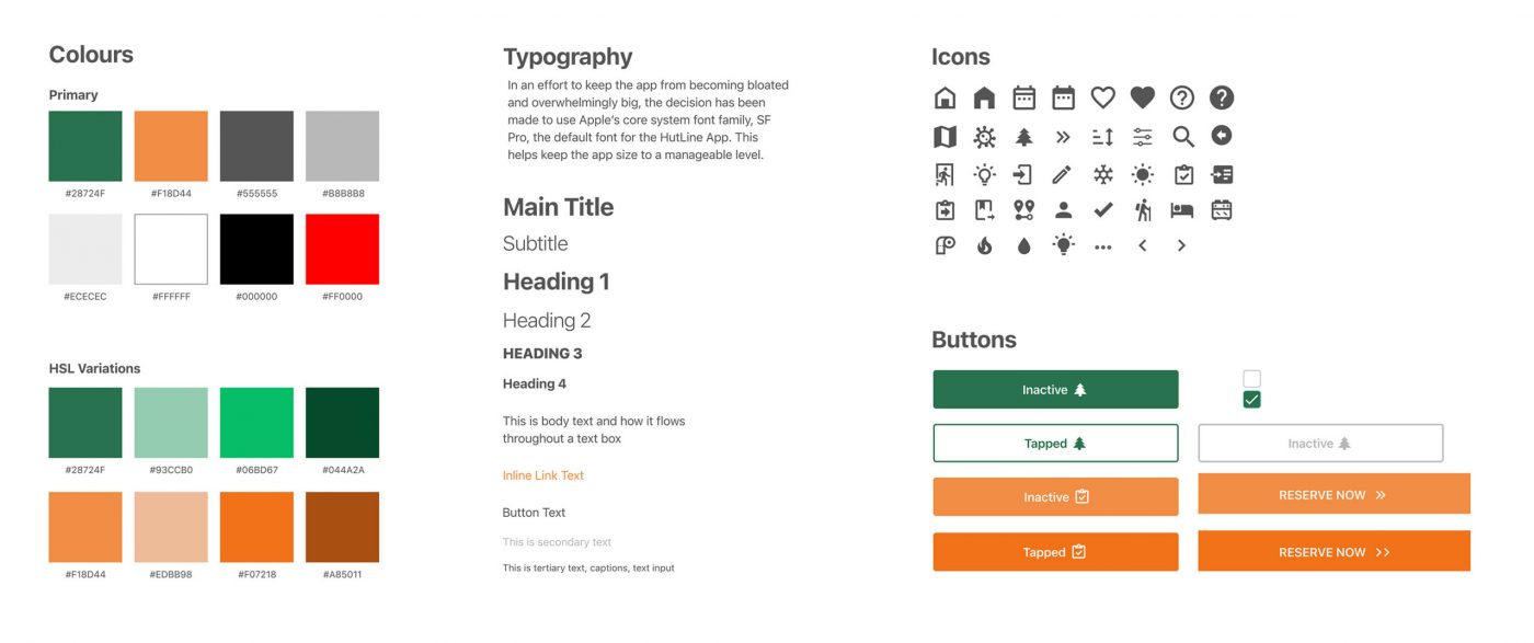 An image showing typography, colours, and buttons used in the design system