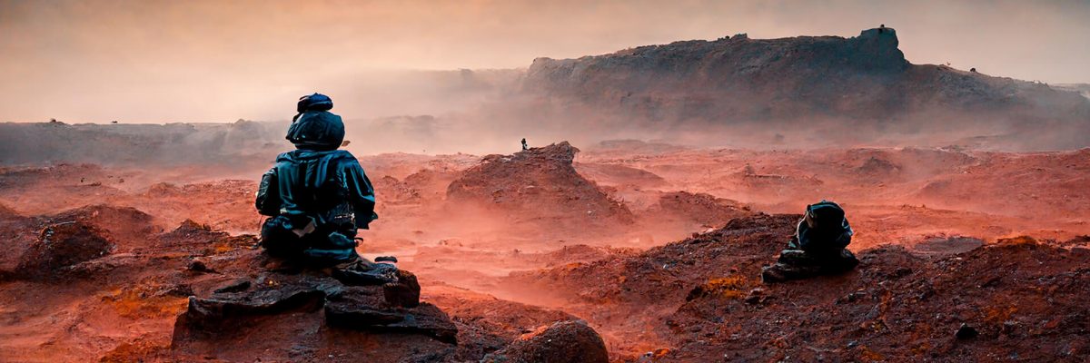 An AI art image of an astronaut looking over a Martian plateau at sunrise