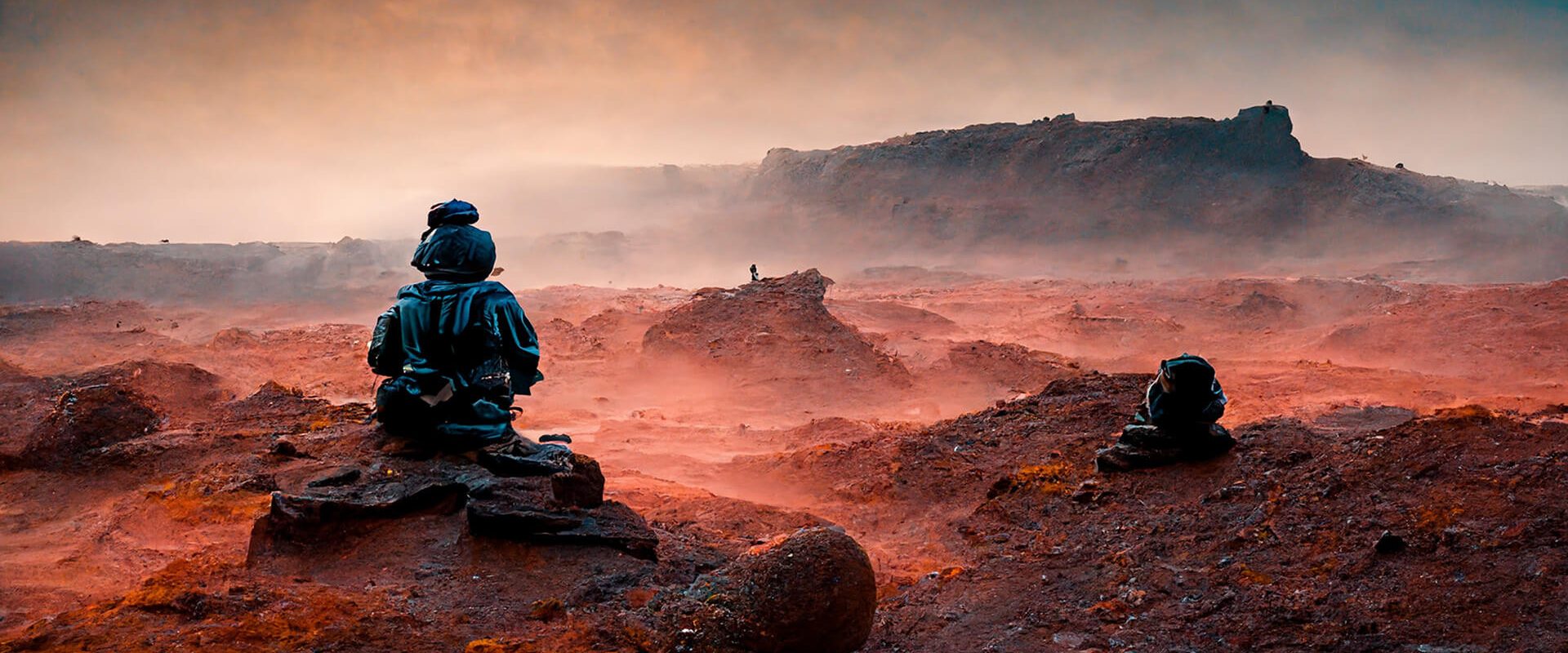 An AI art image of an astronaut looking over a Martian plateau at sunrise