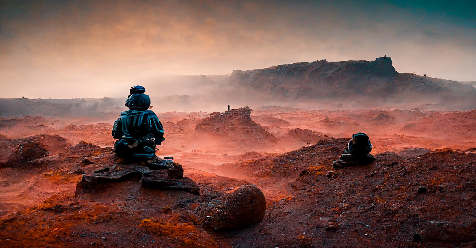 blue-light-of-morning-1920-1000 An AI art image of an astronaut looking over a Martian plateau at sunrise
